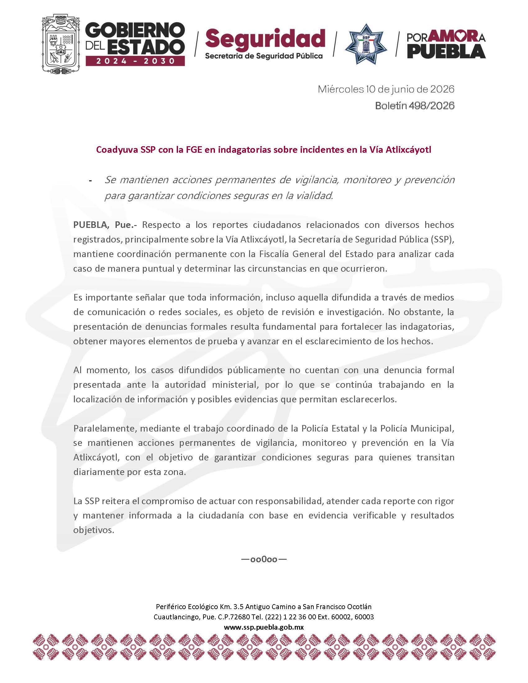 Coadyuva SSP con la FGE en indagatorias sobre incidentes en la Vía Atlixcáyotl