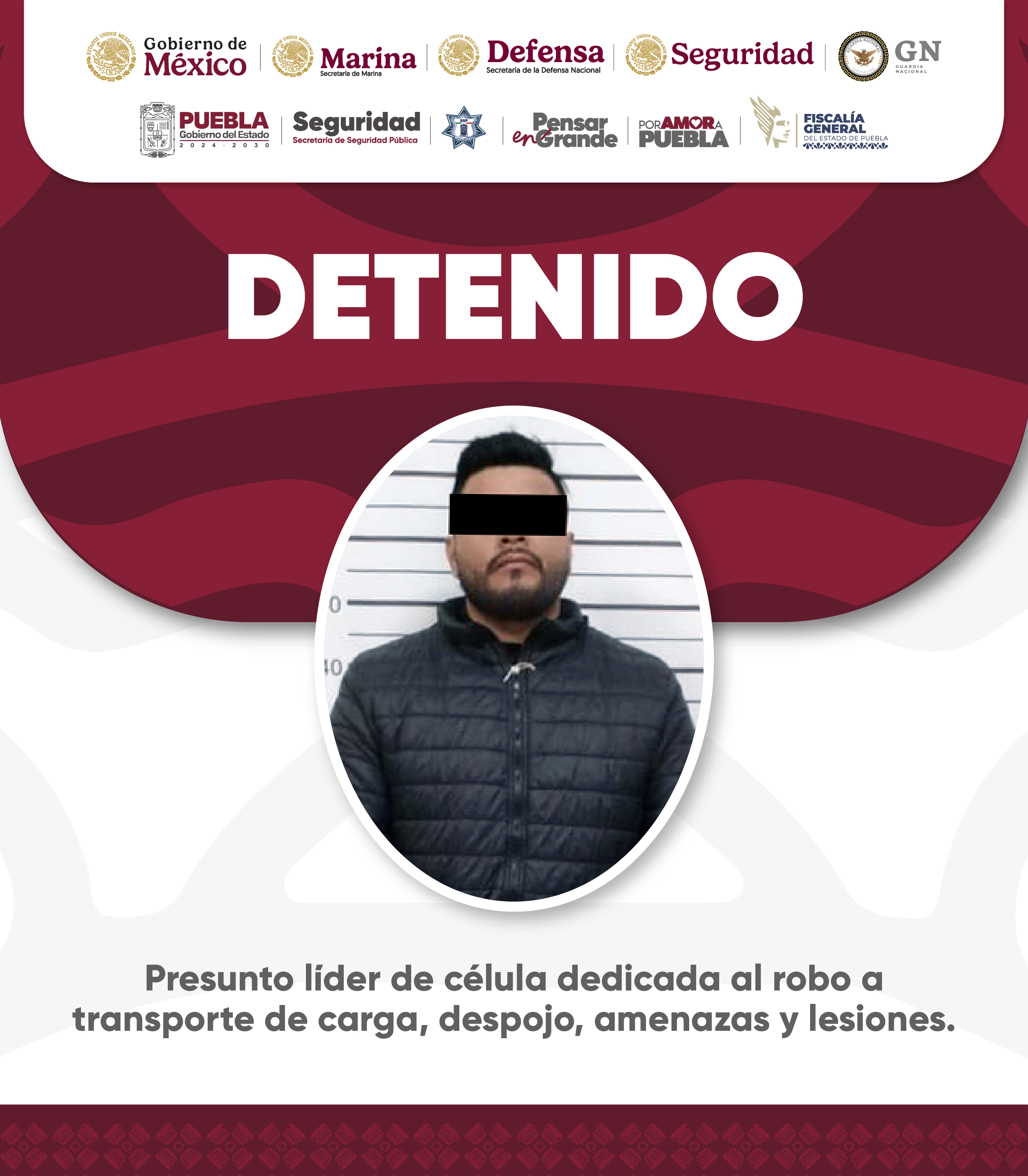 Operativo interinstitucional en Amozoc permite detención de presunto líder delictivo